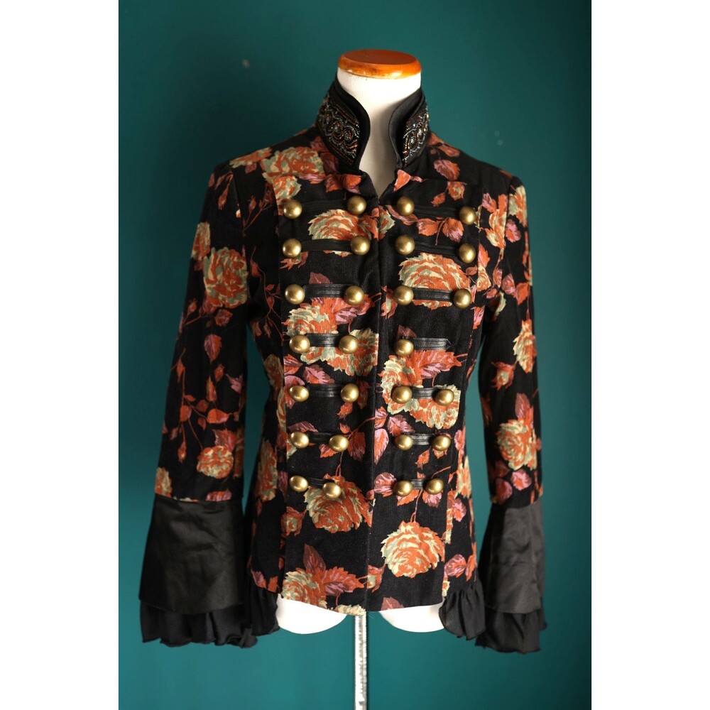 Newport News Dark Floral Ruffle Beaded Military Jacket Whimsigoth Fairy Grunge 8